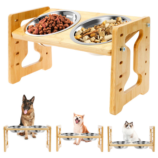 HappyBowl Deluxe™ – Höhenverstellbarer Napfständer aus Holz mit Edelstahlschalen | Ergonomisch & stilvoll