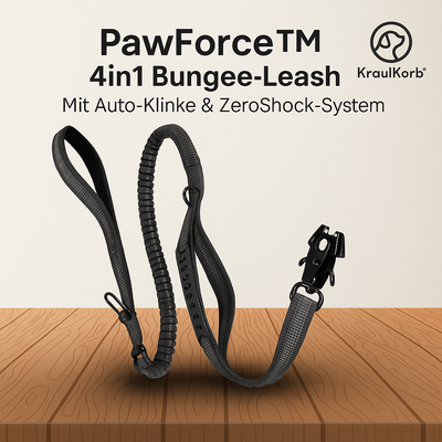 PawForce™ 4in1 Bungee-Hundeleine mit Auto-Klinke, stoßdämpfendem ZeroShock-System und gepolsterten Griffen – robuste Sicherheitsleine für Hunde, auf Holz-Hintergrund.