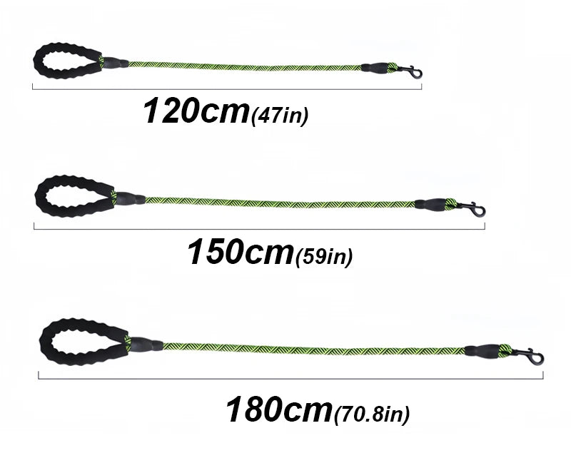 Größenvergleich mit Maßangaben 120 cm, 150 cm, 180 cm – elastische Hundeleine mit Zugentlastung