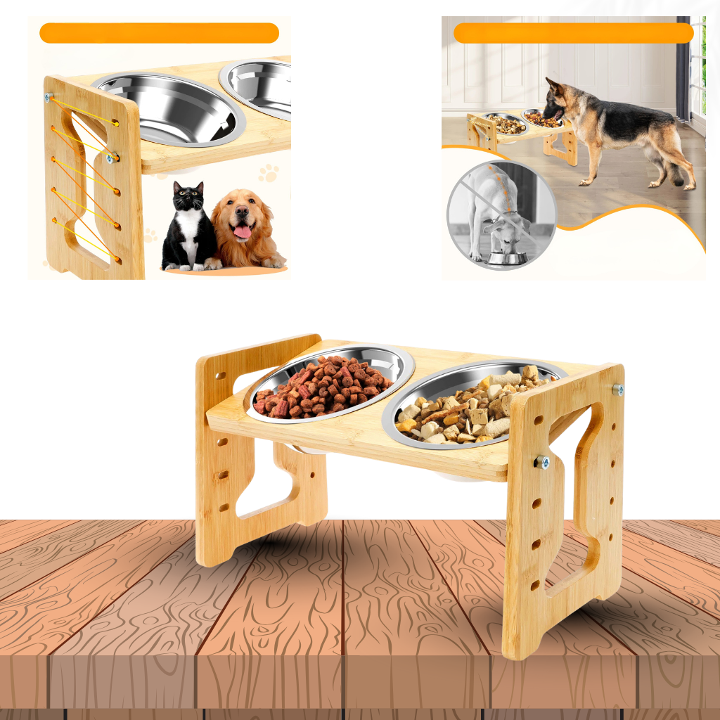 HappyBowl Deluxe™ – Höhenverstellbarer Napfständer aus Holz mit Edelstahlschalen | Ergonomisch & stilvoll