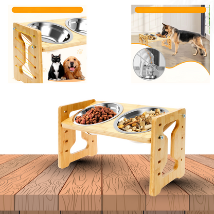 HappyBowl Deluxe™ – Höhenverstellbarer Napfständer aus Holz mit Edelstahlschalen | Ergonomisch & stilvoll