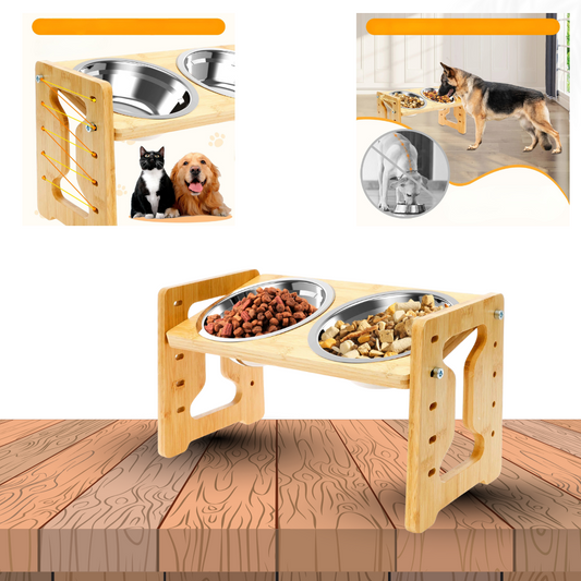 HappyBowl Deluxe™ – Höhenverstellbarer Napfständer aus Holz mit Edelstahlschalen | Ergonomisch & stilvoll