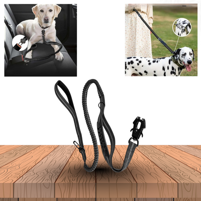 PawForce™ 4in1 Bungee-Hundeleine mit Auto-Klinke, stoßdämpfendem ZeroShock-System und gepolsterten Griffen – robuste Sicherheitsleine für Hunde, auf Holz-Hintergrund.